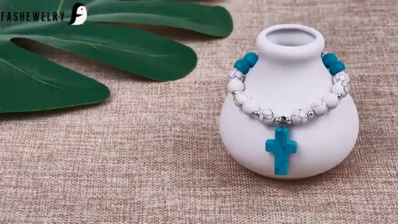 Natural Gemstone Round Bead Bracelet, Gems Cross Charm Bracelet,