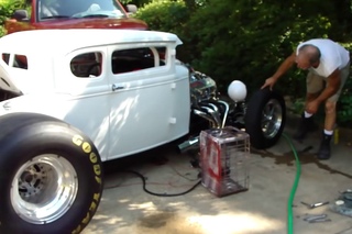1931 Ford Hot Ratrod Big Block Chevy start up getting  blower w/2-4's